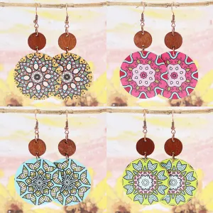 Wholesale 2pairs/pack Bohemian Style Spliced Mandala Flower Wooden Earrings