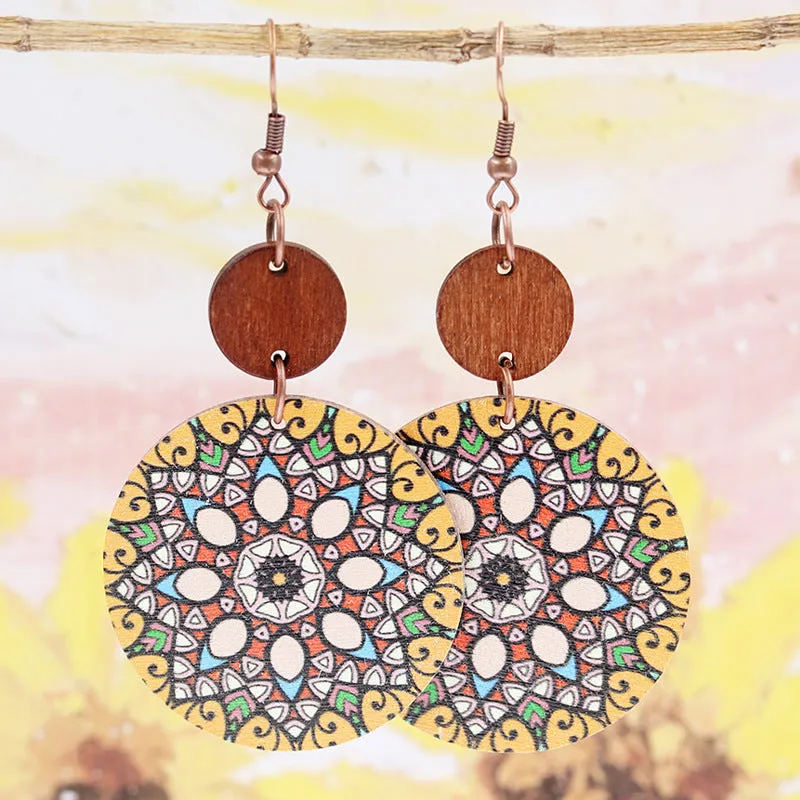 Wholesale 2pairs/pack Bohemian Style Spliced Mandala Flower Wooden Earrings
