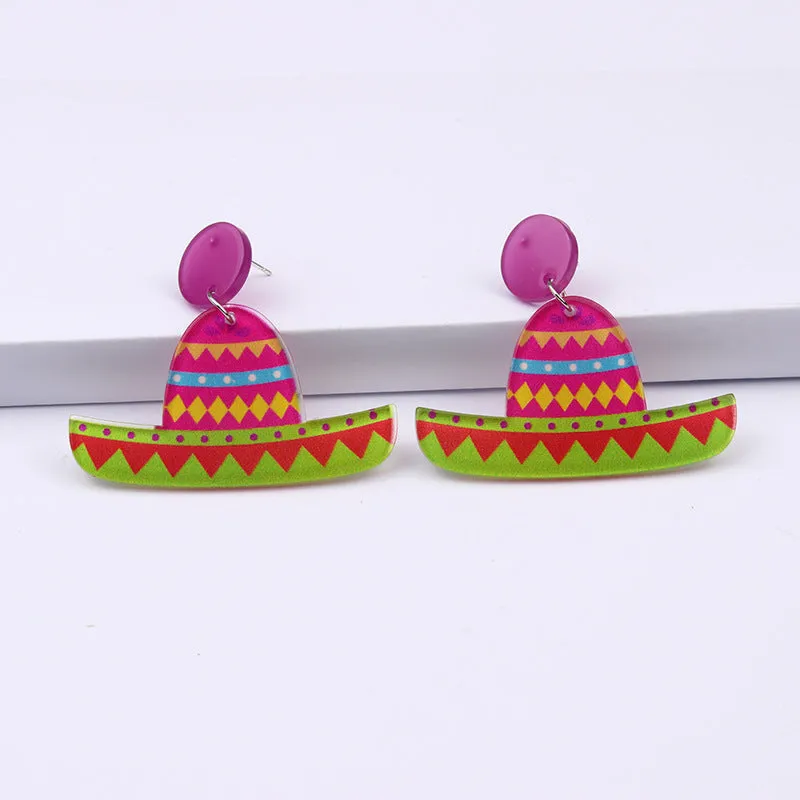 Wholesale 2pairs/pack Mexican Festival Racket Rainbow Boat Print Earrings