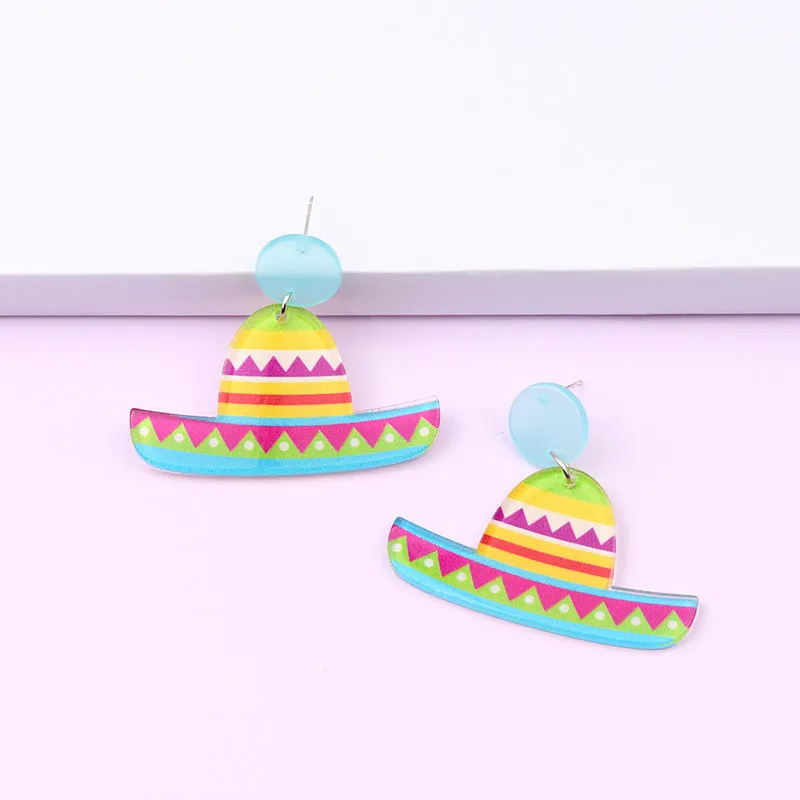 Wholesale 2pairs/pack Mexican Festival Racket Rainbow Boat Print Earrings