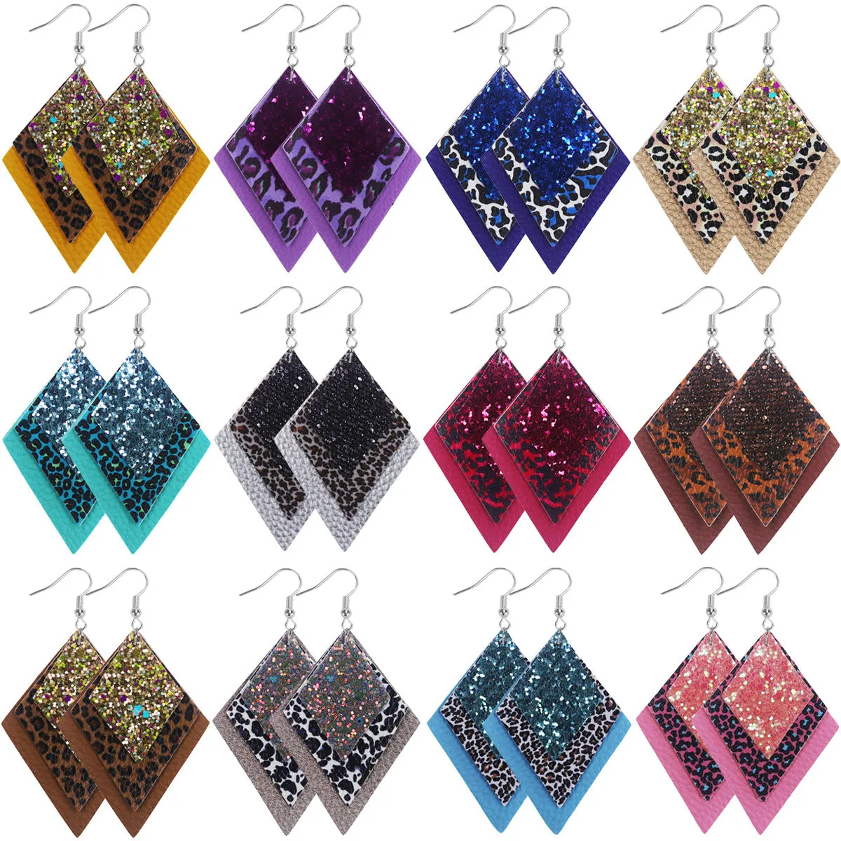 Wholesale 2pairs/pack Multi-layer Sequin Superimposed Leopard Print Leather Earrings
