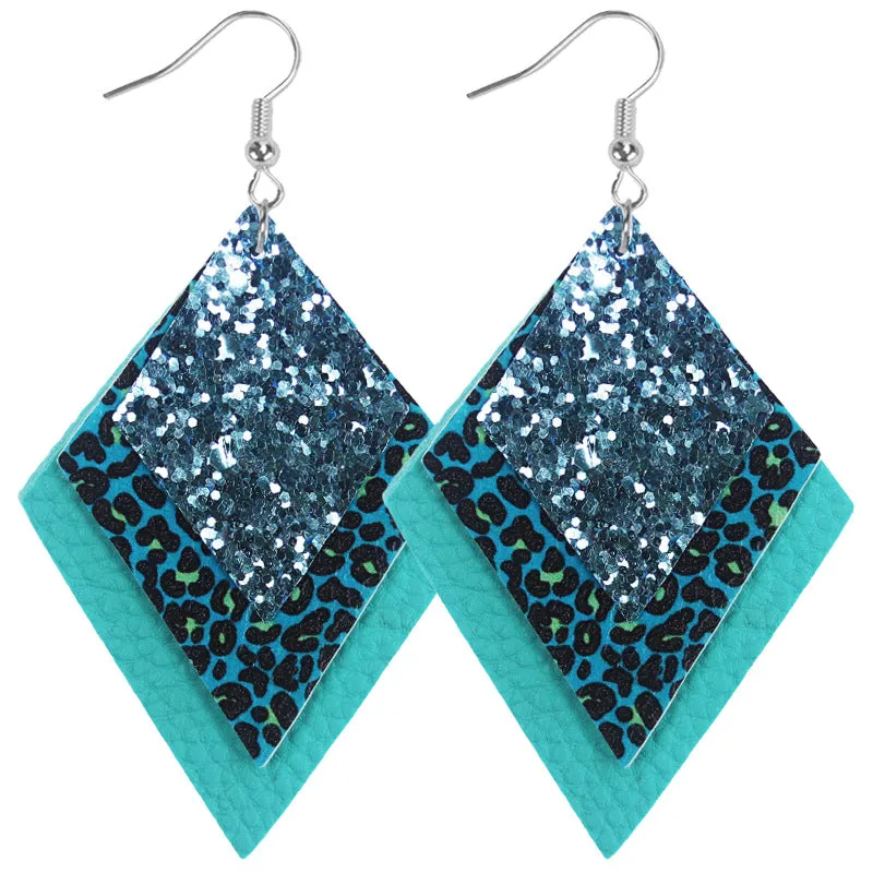 Wholesale 2pairs/pack Multi-layer Sequin Superimposed Leopard Print Leather Earrings
