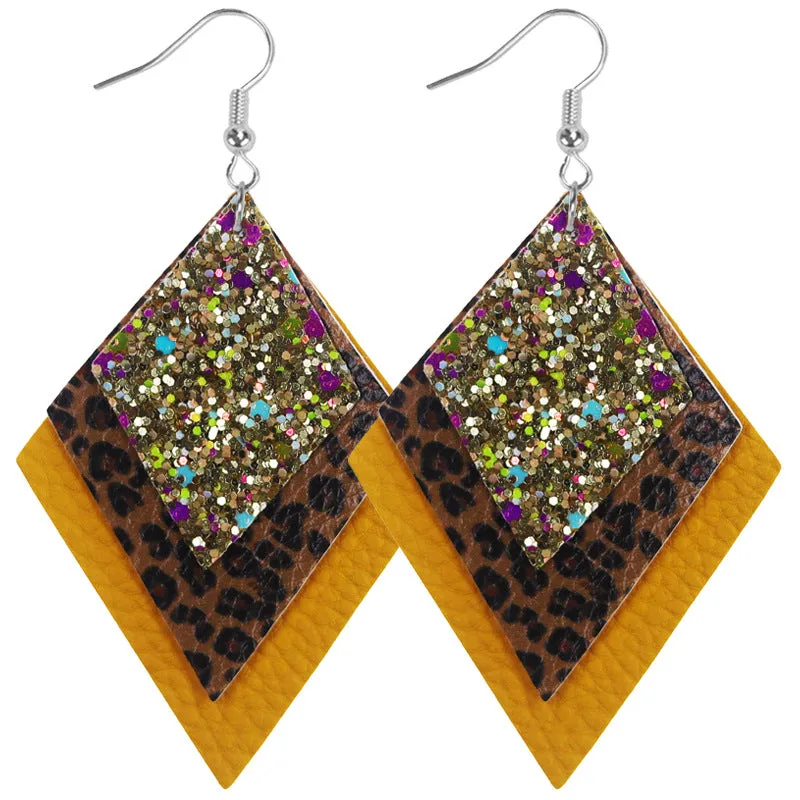 Wholesale 2pairs/pack Multi-layer Sequin Superimposed Leopard Print Leather Earrings