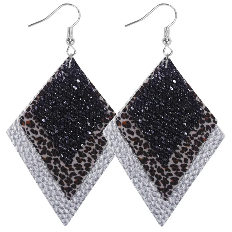 Wholesale 2pairs/pack Multi-layer Sequin Superimposed Leopard Print Leather Earrings