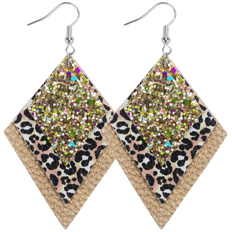 Wholesale 2pairs/pack Multi-layer Sequin Superimposed Leopard Print Leather Earrings