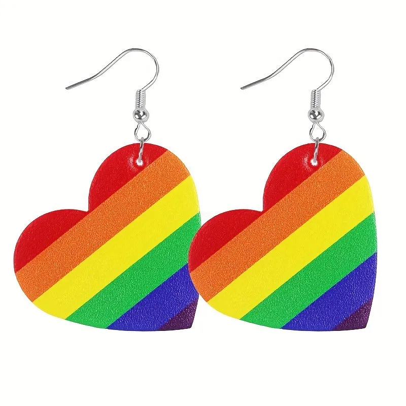 Wholesale 2pairs/pack Pride Month Heart Rainbow Stripe Leather Earrings