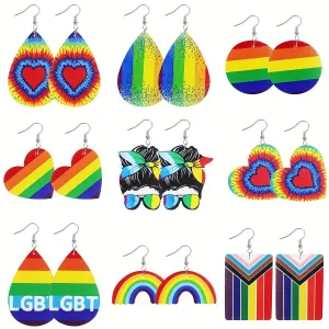 Wholesale 2pairs/pack Pride Month Heart Rainbow Stripe Leather Earrings