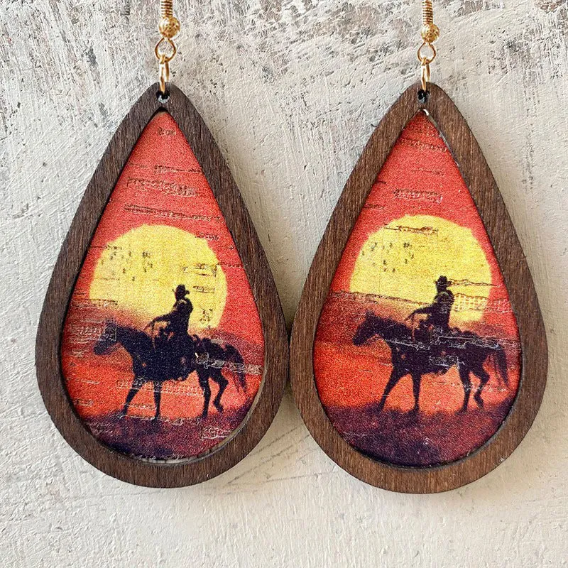 Wholesale 2pairs/pack Teardrop Shaped Western Denim Cork Wood Frame Earrings