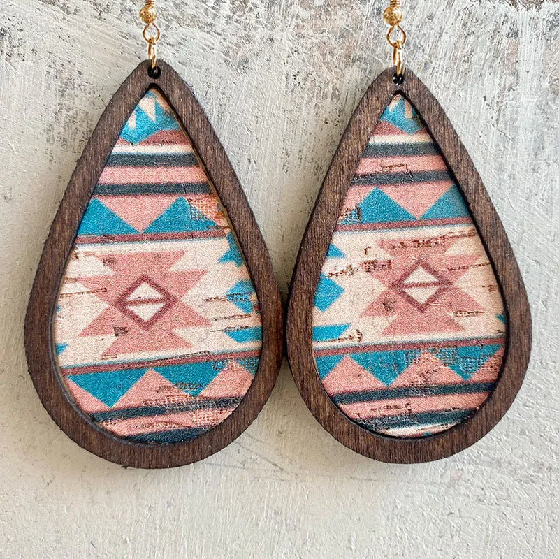 Wholesale 2pairs/pack Teardrop Shaped Western Denim Cork Wood Frame Earrings