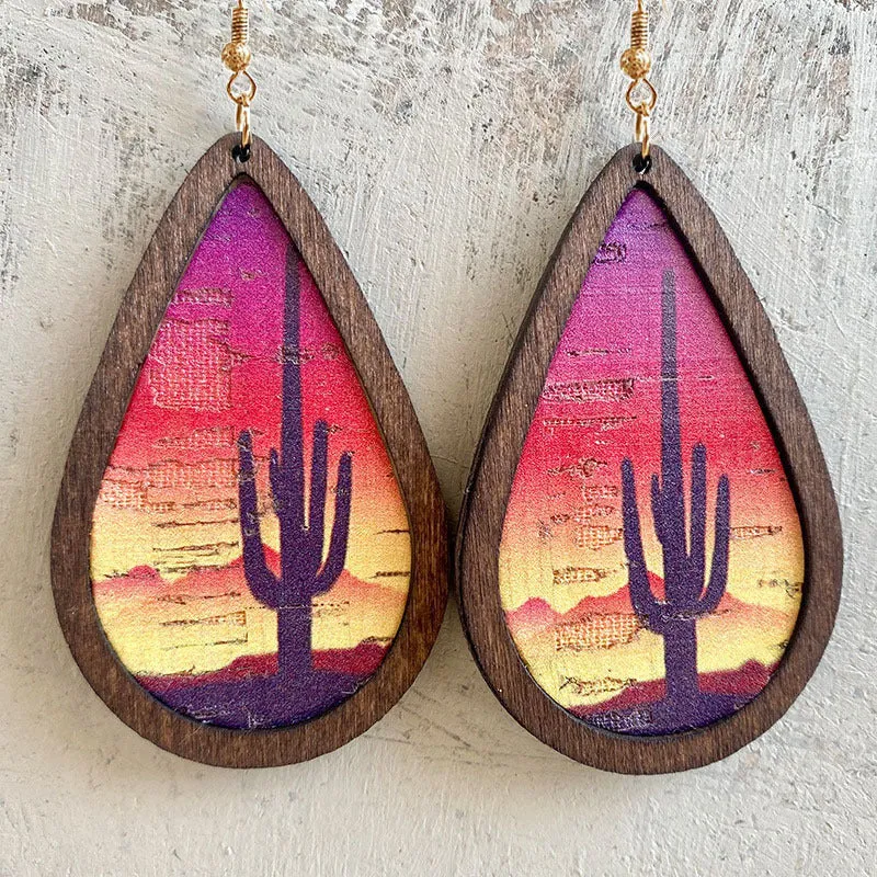 Wholesale 2pairs/pack Teardrop Shaped Western Denim Cork Wood Frame Earrings