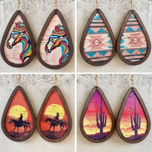 Wholesale 2pairs/pack Teardrop Shaped Western Denim Cork Wood Frame Earrings