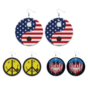 Wholesale 3 Pairs/pack Peace Standard American Independence Day Smiling Leather Earrings