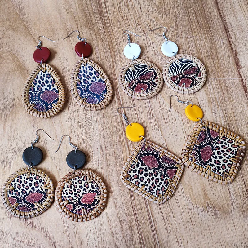 Wholesale 3 Pairs/Pack Polymer Clay Rattan Copper Braided Leopard Zebra Print Earrings