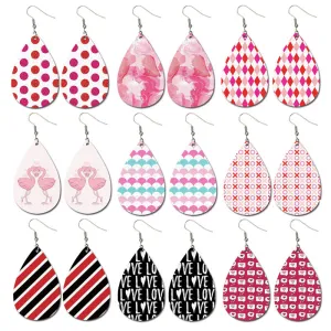 Wholesale 3 Pairs/pack Valentine's Day Heart Shape LOVE Water Drop Leather Earrings