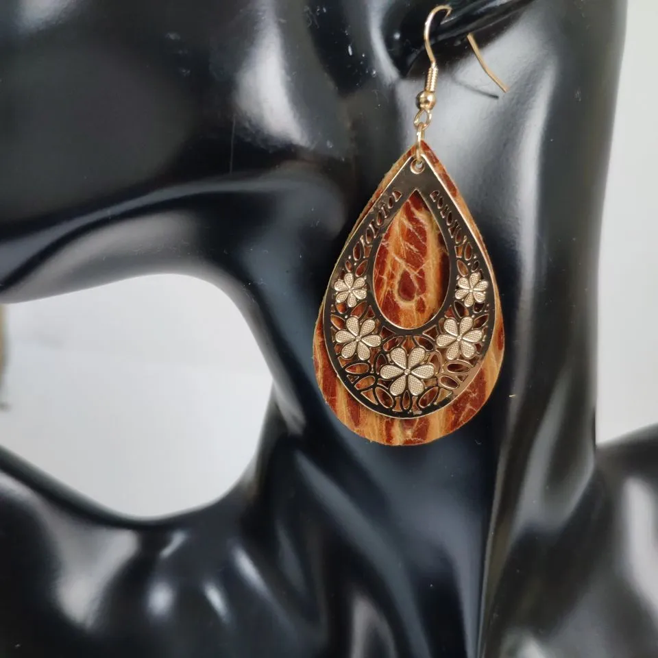 Wholesale 3 Pairs/Pack Vintage Genuine Leather Hollow Flower Earrings
