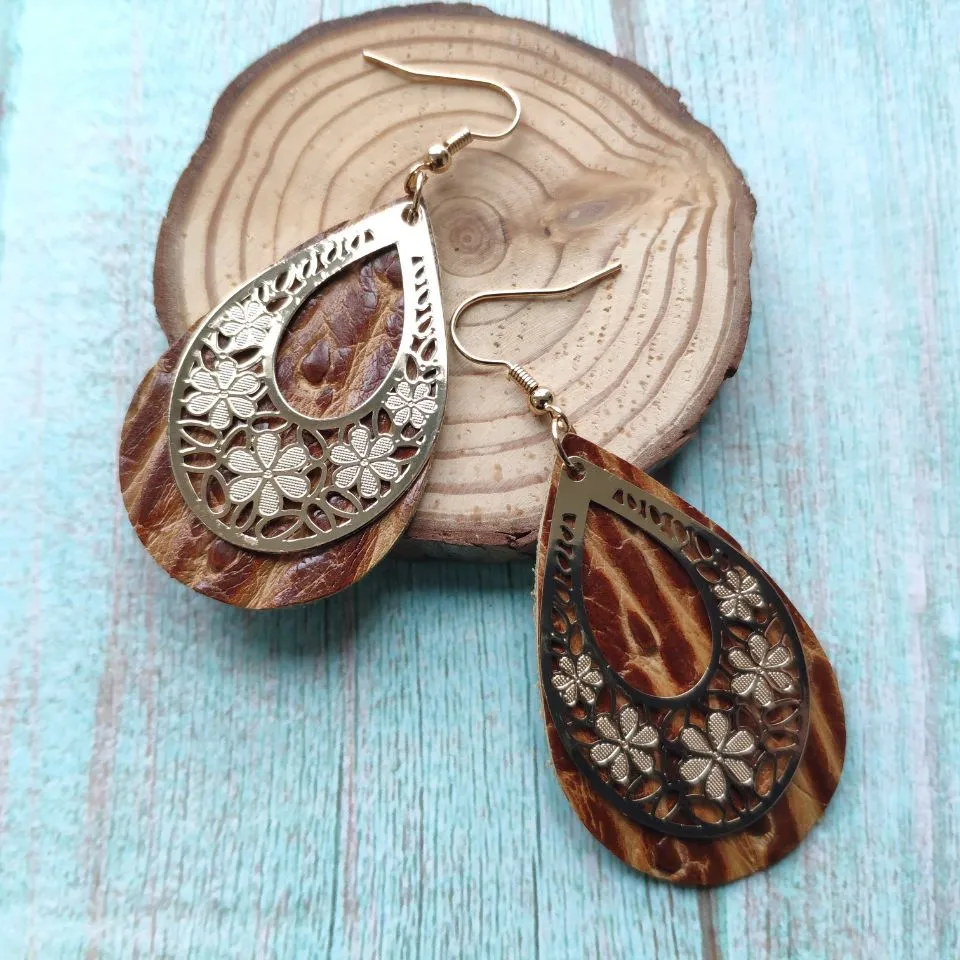 Wholesale 3 Pairs/Pack Vintage Genuine Leather Hollow Flower Earrings