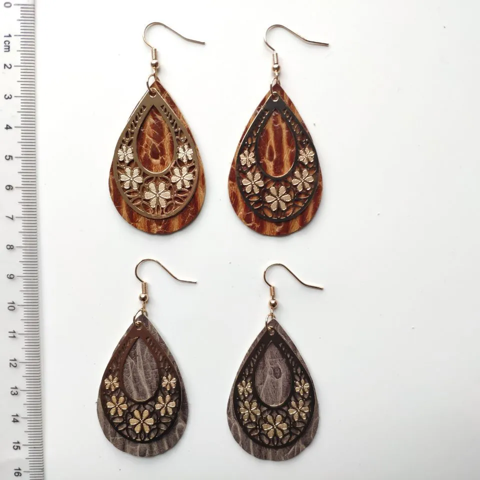 Wholesale 3 Pairs/Pack Vintage Genuine Leather Hollow Flower Earrings