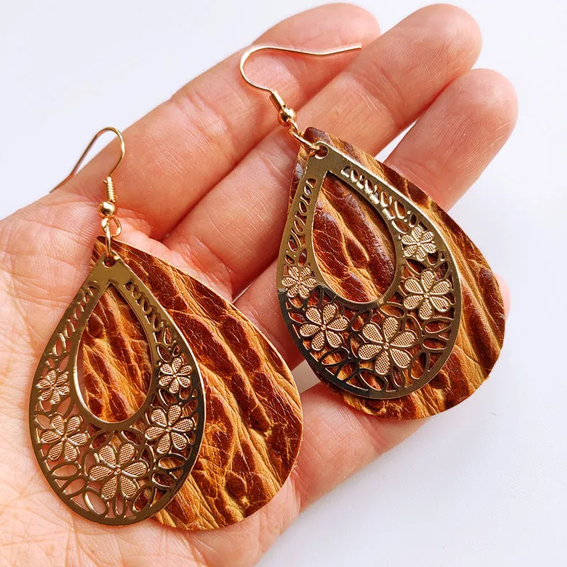 Wholesale 3 Pairs/Pack Vintage Genuine Leather Hollow Flower Earrings
