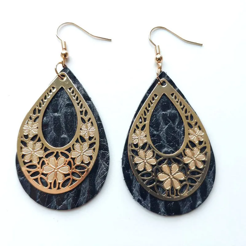 Wholesale 3 Pairs/Pack Vintage Genuine Leather Hollow Flower Earrings