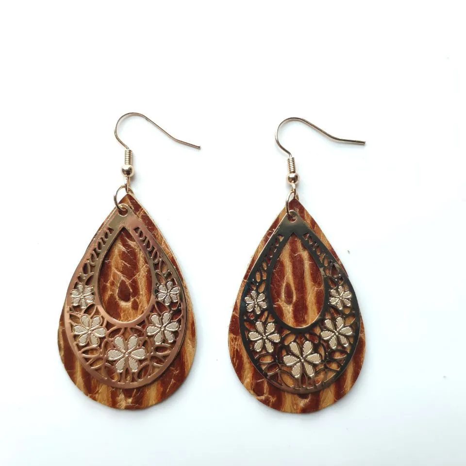 Wholesale 3 Pairs/Pack Vintage Genuine Leather Hollow Flower Earrings