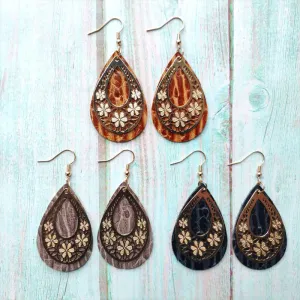 Wholesale 3 Pairs/Pack Vintage Genuine Leather Hollow Flower Earrings