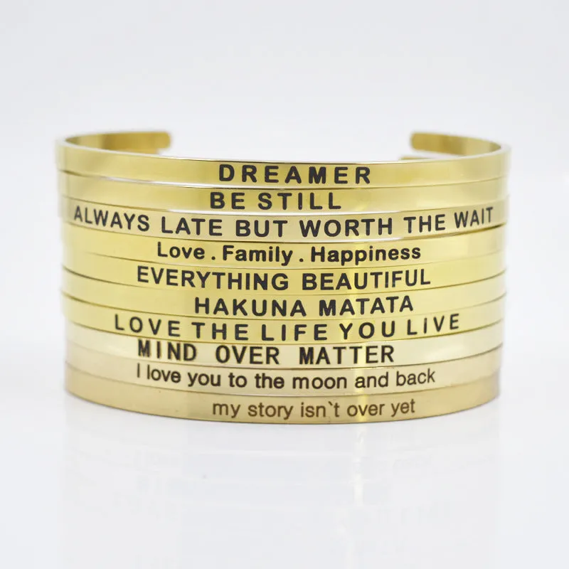 Wholesale 4mm Gold Stainless Steel Lettering Titanium Steel C Shape BREATHE DREAM FEARLESS Bracelet
