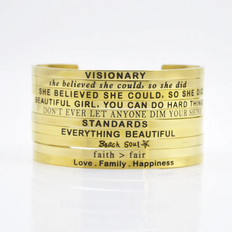 Wholesale 4mm Gold Stainless Steel Lettering Titanium Steel C Shape BREATHE DREAM FEARLESS Bracelet