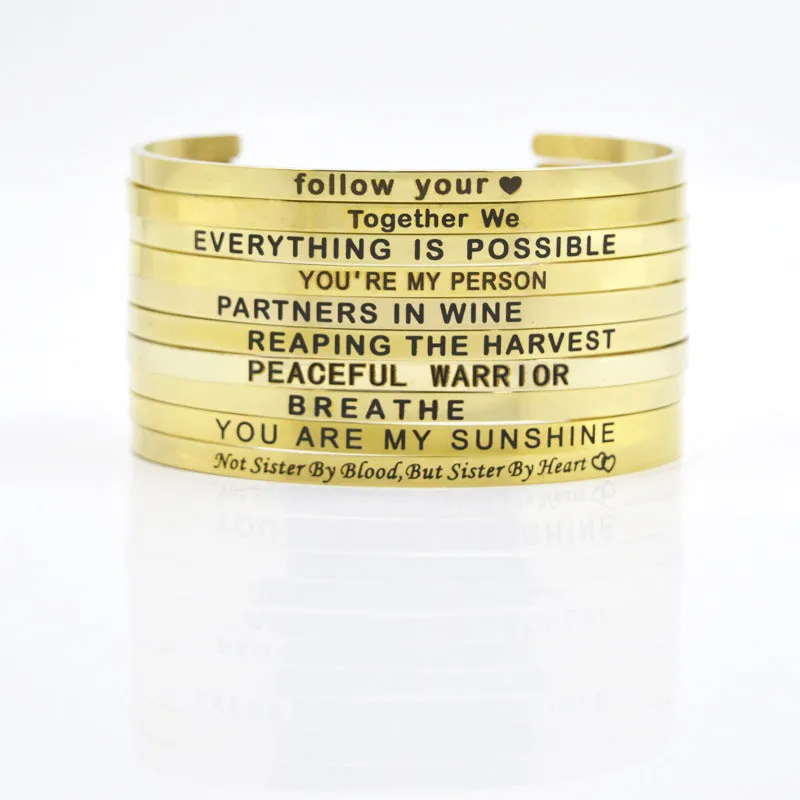 Wholesale 4mm Gold Stainless Steel Lettering Titanium Steel C Shape BREATHE DREAM FEARLESS Bracelet
