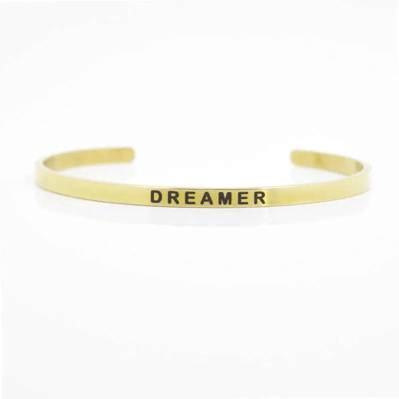 Wholesale 4mm Gold Stainless Steel Lettering Titanium Steel C Shape BREATHE DREAM FEARLESS Bracelet