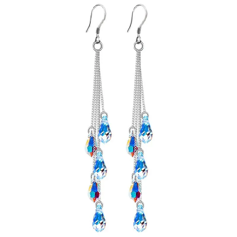 Wholesale 925 Silver Long Crystal Water Drop Tassel Earrings