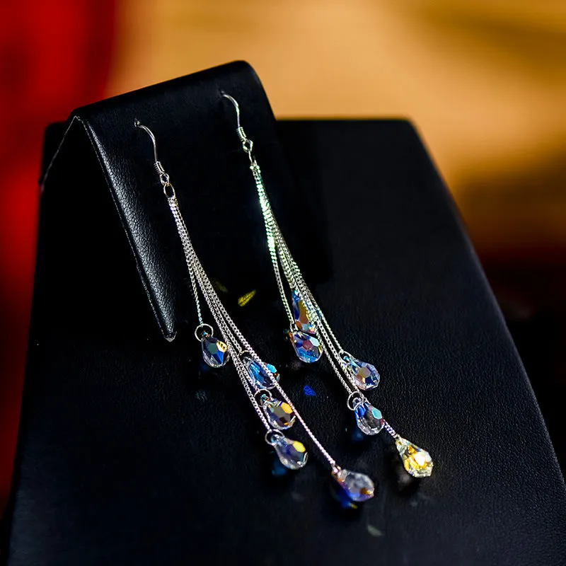 Wholesale 925 Silver Long Crystal Water Drop Tassel Earrings