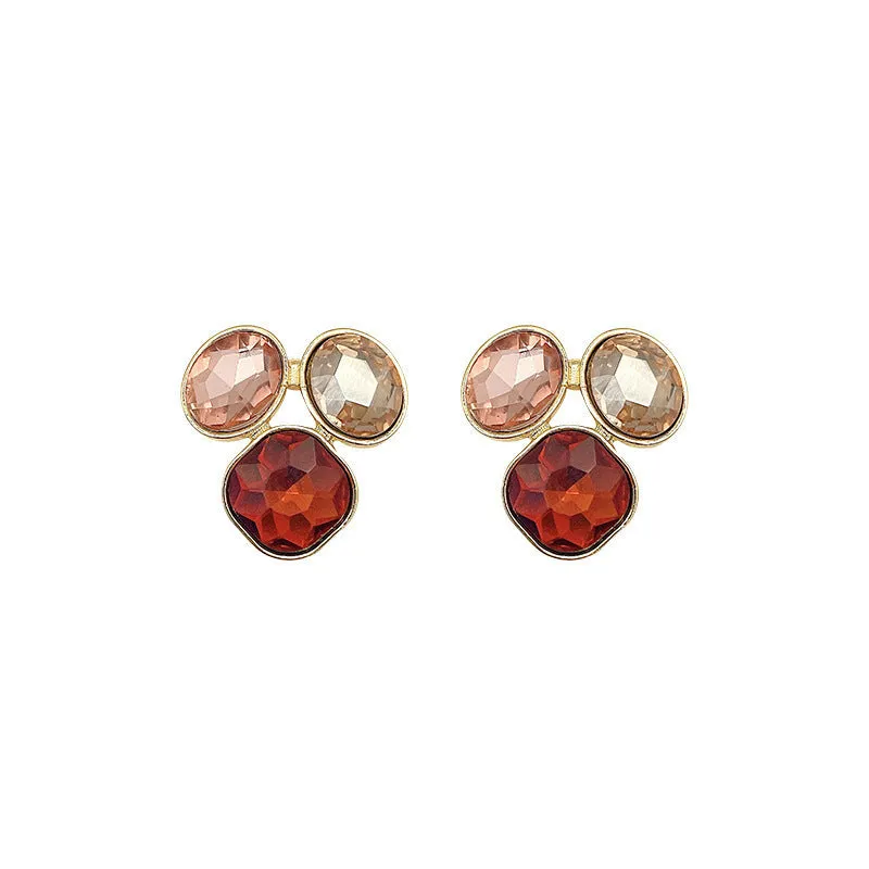 Wholesale 925 Silver Needle Maillard Style Simple Geometric Coffee Color Rhinestone Stud Earrings
