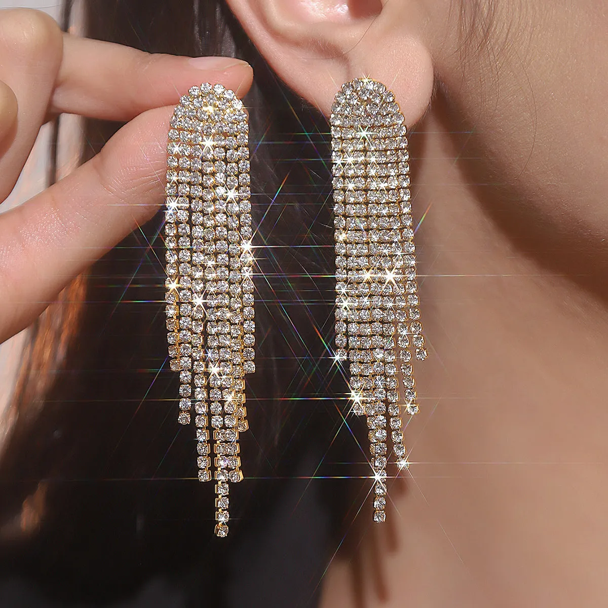 Wholesale AB Rhinestone Long Tassel Earrings