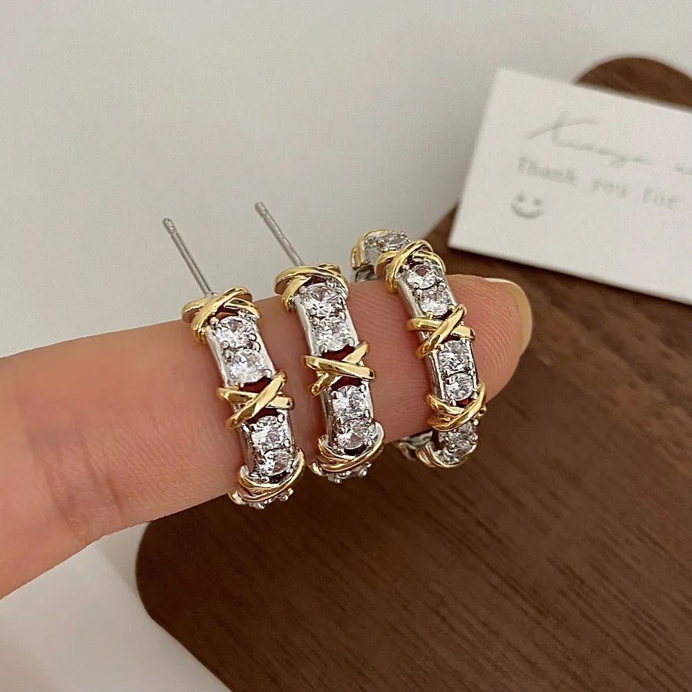 Wholesale All-match Zircon Diamond Cross Two-color Earrings