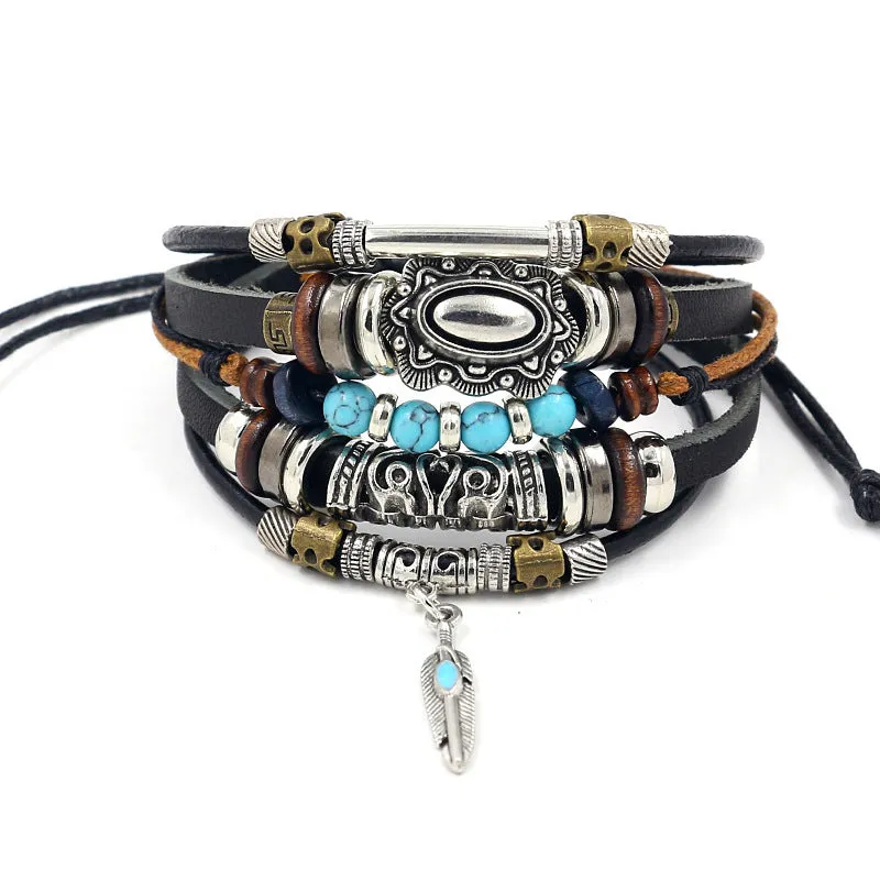 Wholesale alloy anchor cowhide bracelet turquoise beaded multi-layer braided bracelet