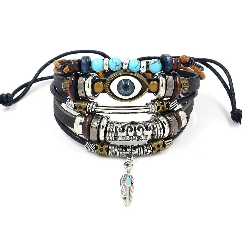 Wholesale alloy anchor cowhide bracelet turquoise beaded multi-layer braided bracelet