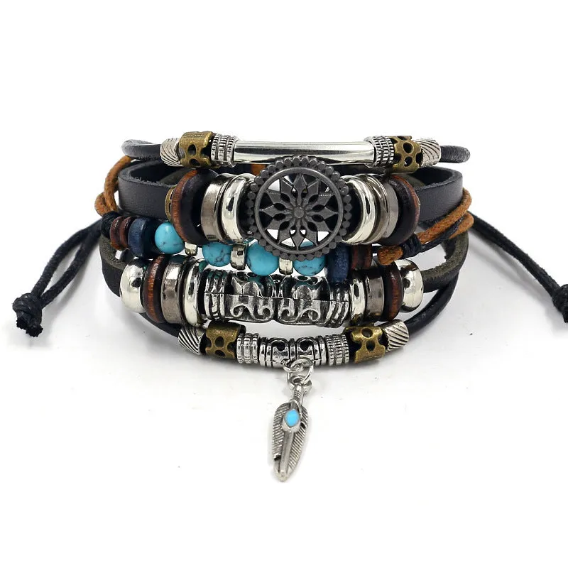 Wholesale alloy anchor cowhide bracelet turquoise beaded multi-layer braided bracelet