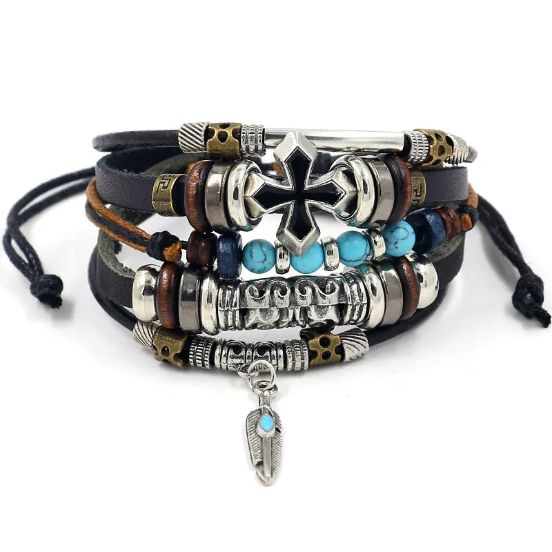 Wholesale alloy anchor cowhide bracelet turquoise beaded multi-layer braided bracelet