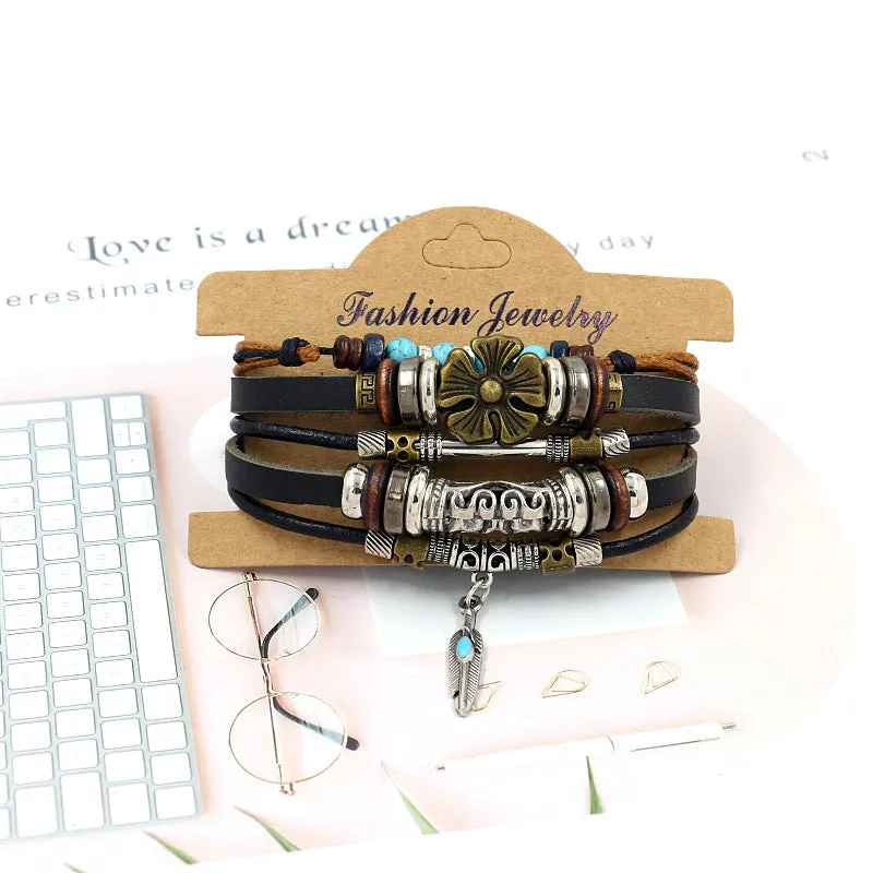 Wholesale alloy anchor cowhide bracelet turquoise beaded multi-layer braided bracelet