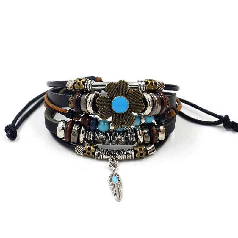 Wholesale alloy anchor cowhide bracelet turquoise beaded multi-layer braided bracelet