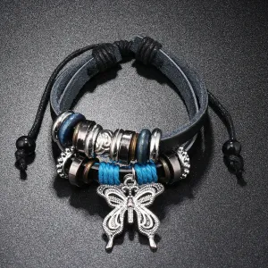 Wholesale Alloy Butterfly Pendant Woven Cowhide Bracelet