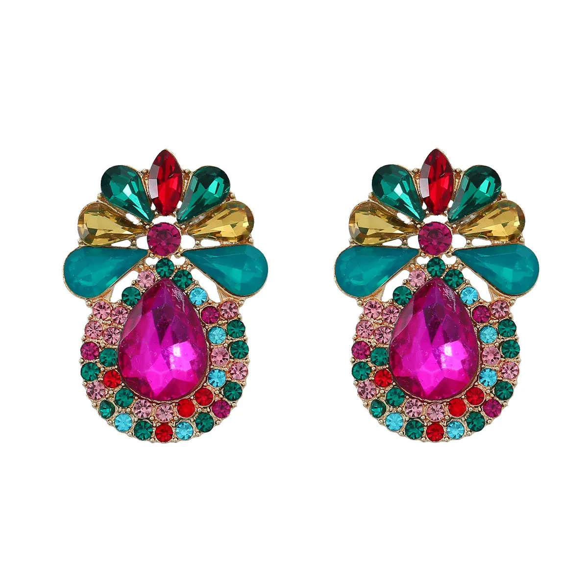 Wholesale Alloy Color Diamond Drop Shape Flower Gemstone Earrings