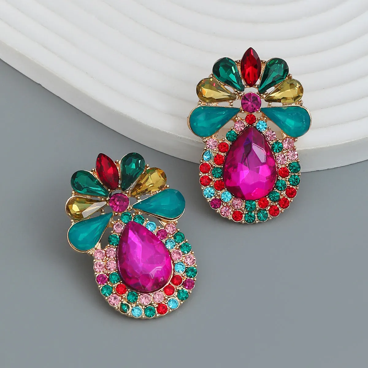 Wholesale Alloy Color Diamond Drop Shape Flower Gemstone Earrings