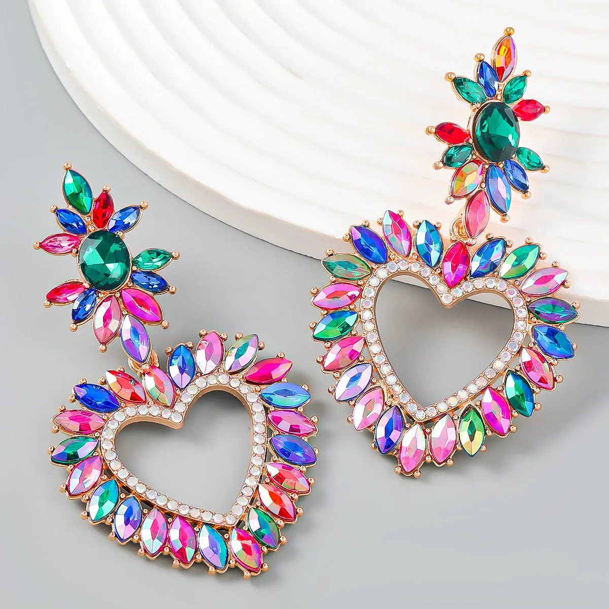 Wholesale Alloy Color Diamond Flower Love Shape Gemstone Earrings
