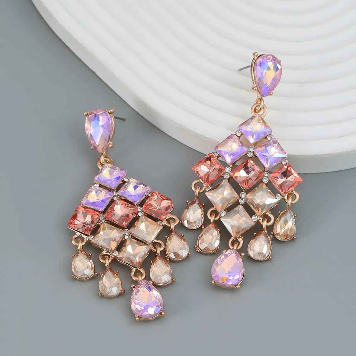 Wholesale Alloy Color Diamond Full Diamond Drop Shape Tassel Gemstone Earrings