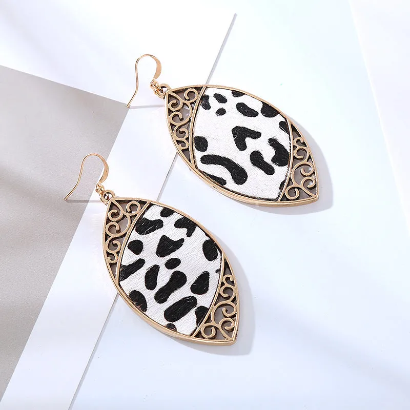 Wholesale Alloy Diamond Cow Pattern Leather Earrings