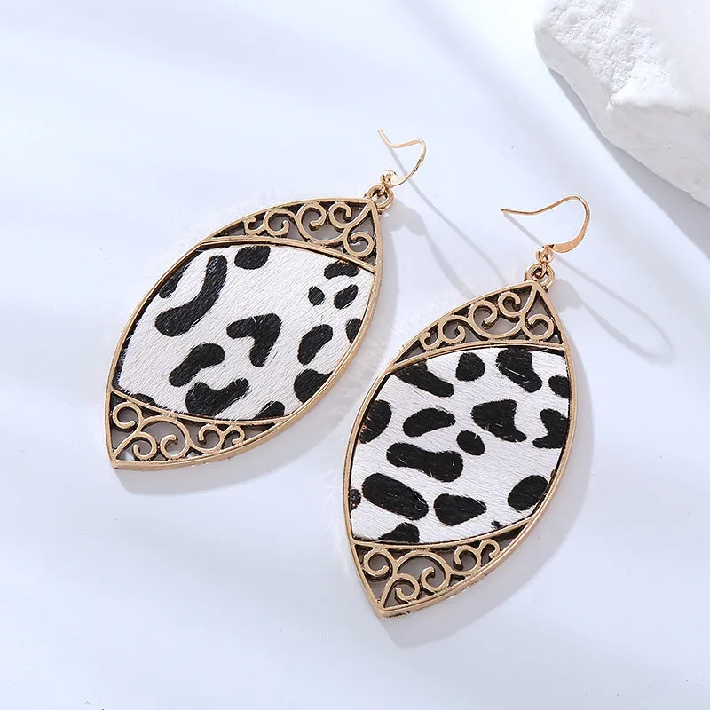 Wholesale Alloy Diamond Cow Pattern Leather Earrings