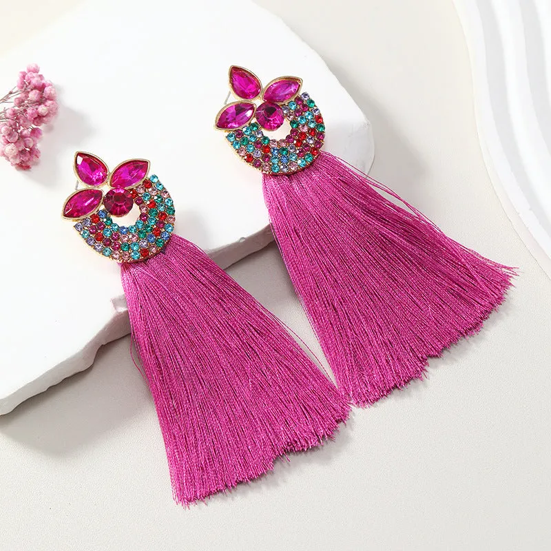 Wholesale Alloy Diamond Inlaid Flower Long Ring Tassel Earrings