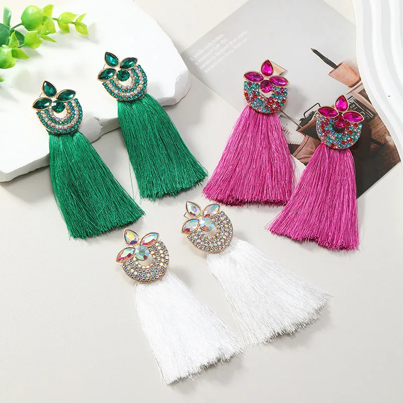 Wholesale Alloy Diamond Inlaid Flower Long Ring Tassel Earrings