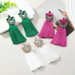 Wholesale Alloy Diamond Inlaid Flower Long Ring Tassel Earrings